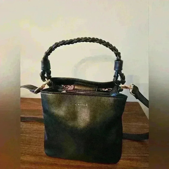 Carpisa Handbags - Carpisa Black Faux Leather Satchel Gold Hardware Detachable Cross-body Strap